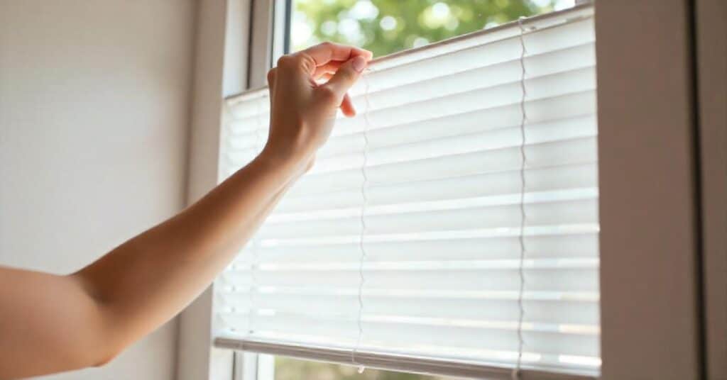 freepik a womans hand adjusting white blinds the backgroun 72752