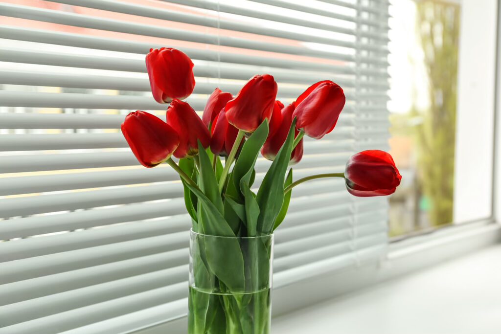 bouquet beautiful tulips vase near window with blinds
